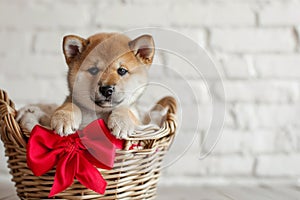 Cute Shiba Inu puppy with red bow in basket, rustic brick wall on background