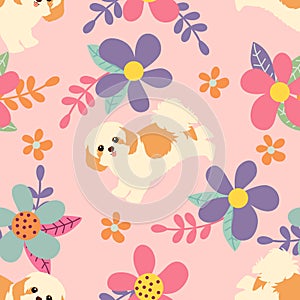 Cute shih tzu puppie seamless pattern background with flowers. Cartoon dog puppy background. Hand drawn childish vector