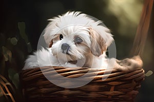 Cute Shih Tzu puppy in a basket. Vector illustration.