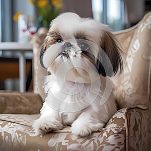 Cute Shih Tzu puppy sitting on a chair. Adorable little fluffy dog