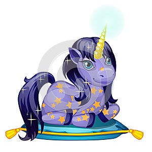 Cute shining unicorn pony with a Golden horn lies on a soft pillow isolated on white background. Vector cartoon close-up