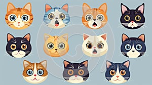 Cute shocked cats, flat modern illustration. Funny puzzled puzzled shocked puzzled kitties looking, staring, with
