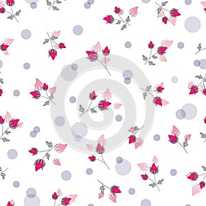 Cute shocking pink rose buds ditsy with transparent circles on white vector seamless pattern.
