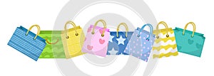 Cute shopping bag banner. Colorful shopping bags with different design board. Paper bags with space for text. Gift