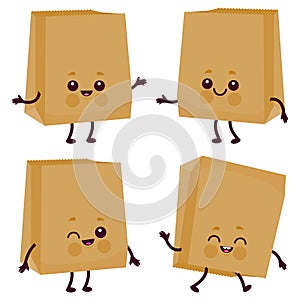 Cute shopping bag characters. Happy paper shopping bags for supermarket groceries. Vector illustration