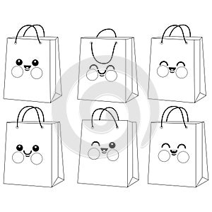 Cute shopping bag characters. Happy shopping bags for gifts. Vector black and white coloring page.