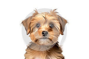 Cute Shorkie puppy looking at camera. Head close-up portrait of Shorkie dog. White Isolated background. Generative AI