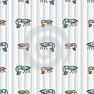 Cute shrimp cartoon seamless vector pattern. Hand drawn crustacean for marine life blog. Prawn arthropod all over print photo