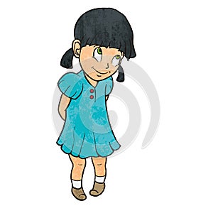 Cute shy cheerful little girl in blue dress. Cartoon illustration