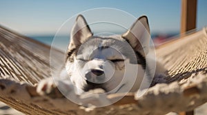 A cute Siberian husky dog sleeping in the hammock on the tropical beach in summer, pet and holiday concept. Generative AI