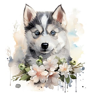 Cute siberian husky puppy with flowers. Watercolor illustration