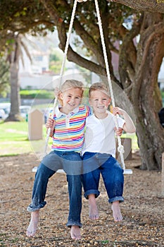 Cute siblings swinging