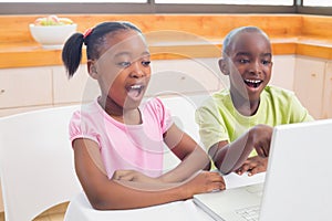 Cute siblings using laptop together