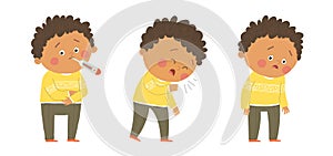 Cute sick african american boy. Flu symptoms fever, cough, tiredness. Cartoon hand drawn10 illustration isolated on photo