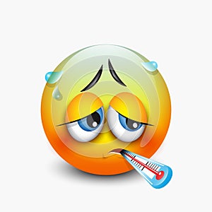 Cute sick emoticon with thermometer, emoji - vector illustration