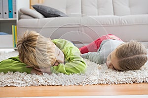 Cute silblings lying on the rug