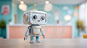 A cute silver robot with a friendly face stands on a wooden table, ready for fun.