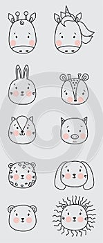 Cute simple animal portraits. Outline drawing - giraffe, horse, hare and deer, bear, pig, leopard, lion, cat and dog