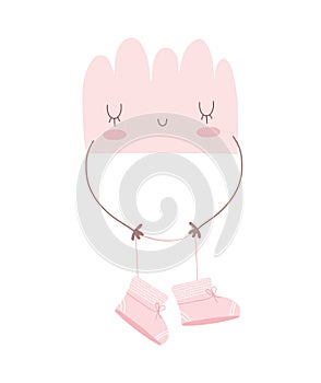 Cute Simple Baby Shower Vector Card with Pink Fluffy Cloud Holding Pink Baby Shoes.