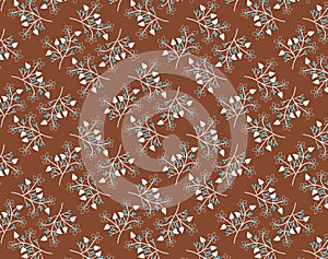 Cute simple Ditsy dress floral print seamless pattern Small modest flat lay white blue flowers on brown background