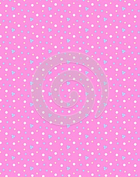 Delicate fabric seamless pattern with light pastel blue, yellow and white polka dot on a pink background