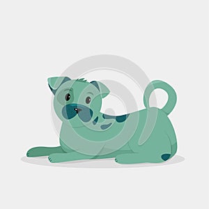 Cute simple green dog isolated on grey background. Vector illustration.