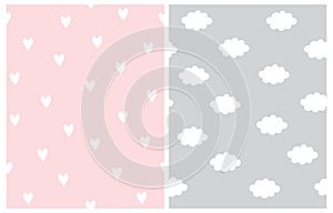 Cute Simple Heart and Cloud Seamless Vector Patterns.
