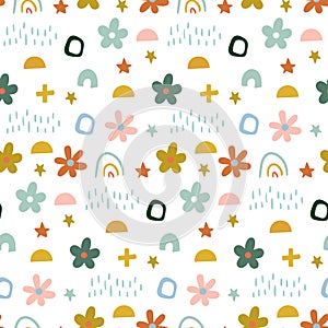 Cute simple pattern with different hand painted elements. Seamless pattern with decorative flowers in scandinavian style