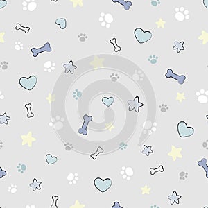 Cute simple seamless pattern with paw prints, pet stuff, hearts and stars.