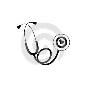 Cute simple stethoscope design with heart in black isolated on white background. Hand drawn simple doodle sketch icon in cartoon