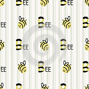 Cute simple stylized bumble bee seamless vector pattern. Hand drawn flying beeline insect gingham stripe background. Summer bug