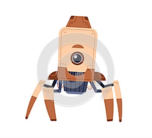 Cute single-eyed robot toy standing on metal legs-tentacles. Funny childish futuristic bot. Portrait of modern machine