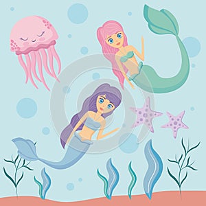 Cute sirens with octopus and starfish