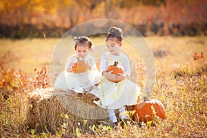 Cute sisters holding pumpkins