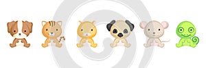 Cute sitting baby animals in cartoon style. Collection pet animals characters for kids cards, baby shower, birthday invitation,