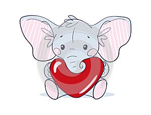 Cute sitting baby elephant with big ears holding a red heart. Flat cartoon character, toy or doll. Valentine s Day