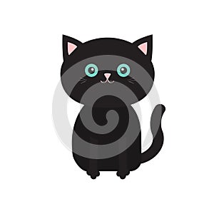 Cute sitting black cartoon cat with moustache whisker. Funny character. White background. . Flat design. photo