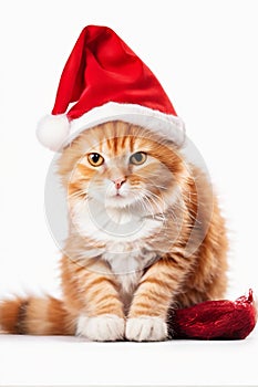 Cute Sitting Ginger Cat in Santa Hat: Festive Feline Charm on White Isolated Background.