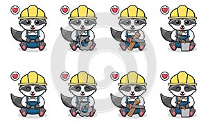 Vector Illustration of Cute sitting Raccoon cartoon with Handyman costume.