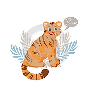 Cute sitting tiger growls roar childrens vector illustration in cartoon style. For nursery, posters, stickers, postcards, prints