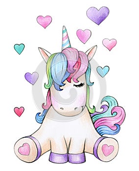 Cute sitting unicorn cartoon with hearts.