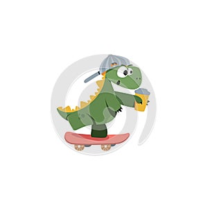 Cute skater dinosaur vector illustration. Adorable hand drawn kids dinosaur characters on a skateboard. Illustration for nursery
