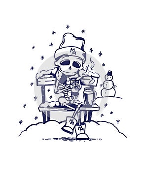 Cute skeleton  character drinking hot tea on winter background. Memento mory