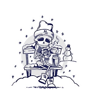 Cute skeleton  character drinking hot tea on winter background. Memento mory photo