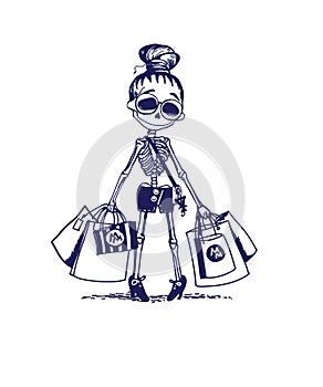 Cute skeleton girl character shopping. Memento mory