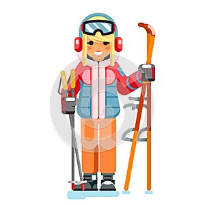 Cute skier girl ski winter sport resort holidays skiing mountain isolated character flat design vector illustration