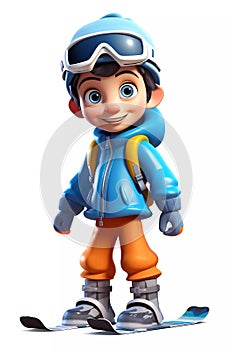 Cute Skiing Boy Dressed in Winter Clothes Cartoon Character