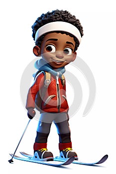 Cute Skiing Boy Dressed in Winter Clothes Cartoon Character