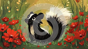 Cute Skunk Walking in Wildflowers, Forest Animal Painting