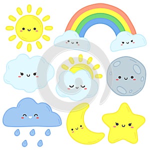 Cute sky. Happy sun, funny moon and hand drawn star. Nursery sleep clouds, baby rainbow and night stars cartoon vector